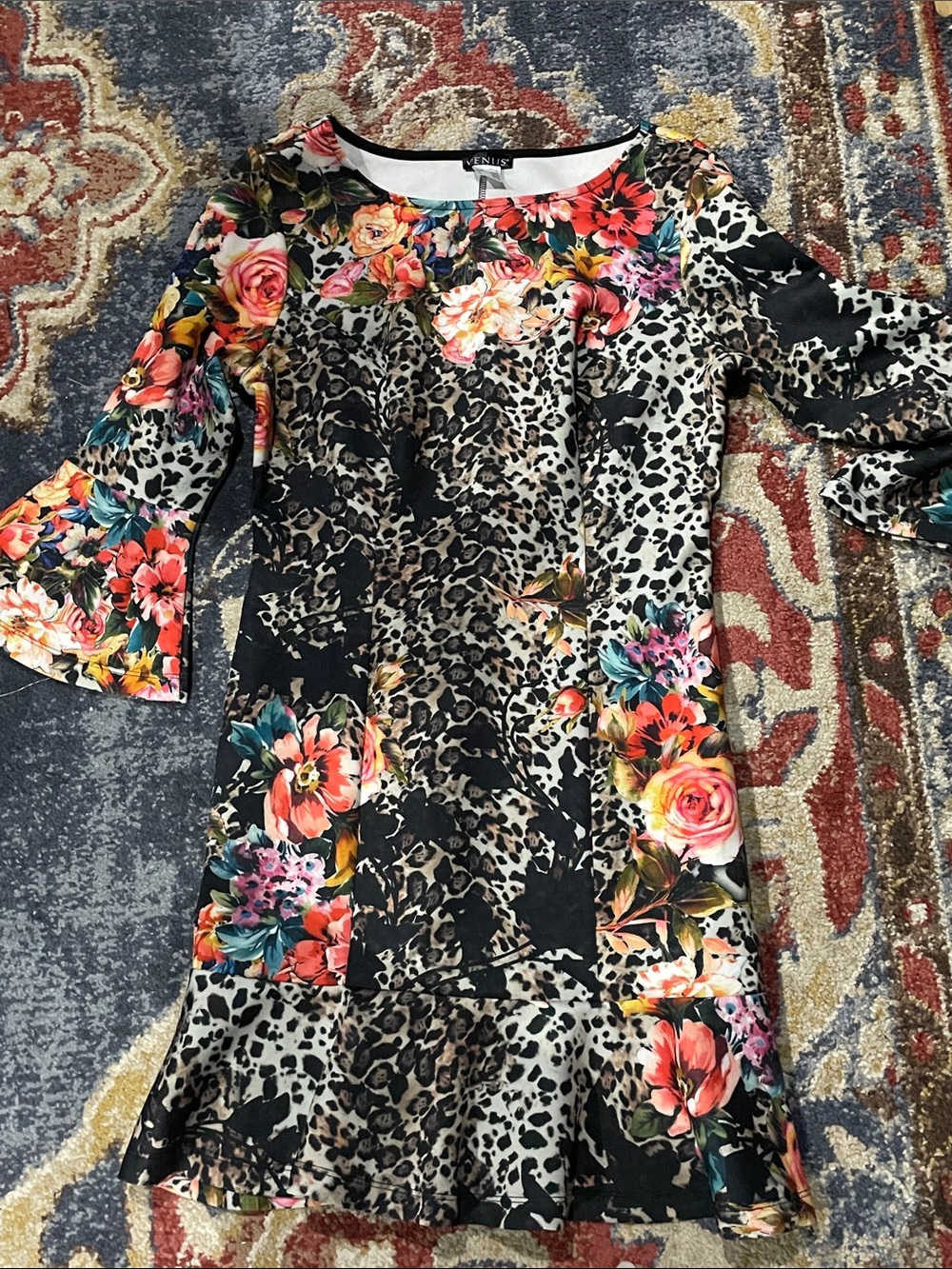 VENUS Black Floral & Leopard Print Ruffle Dress